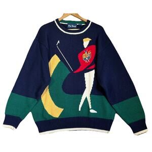 Vtg Grandpa Sweater Large Multi Crewneck Golf Swing Scene 90s Ramie Cotton